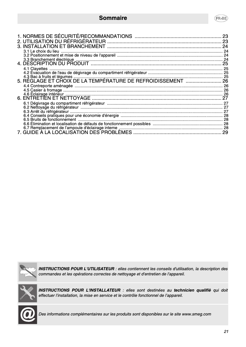 Page 1 de la notice Manuel utilisateur Smeg FAB10BRR