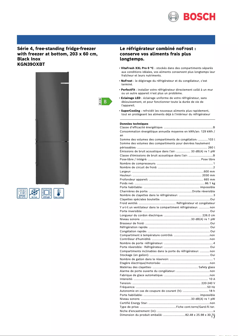 Page 1 de la notice Fiche technique Bosch KGN39OXBT