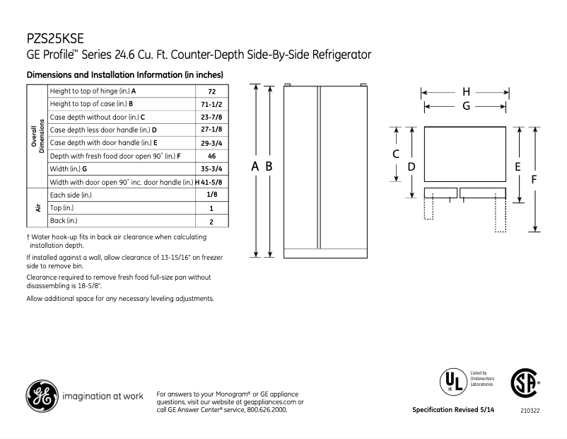 Page n°1 - Fiche technique GE Profile PZS25KSESS