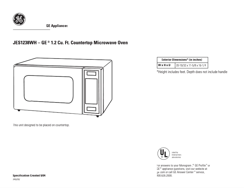 Page 1 de la notice Fiche technique GE JES1238WH