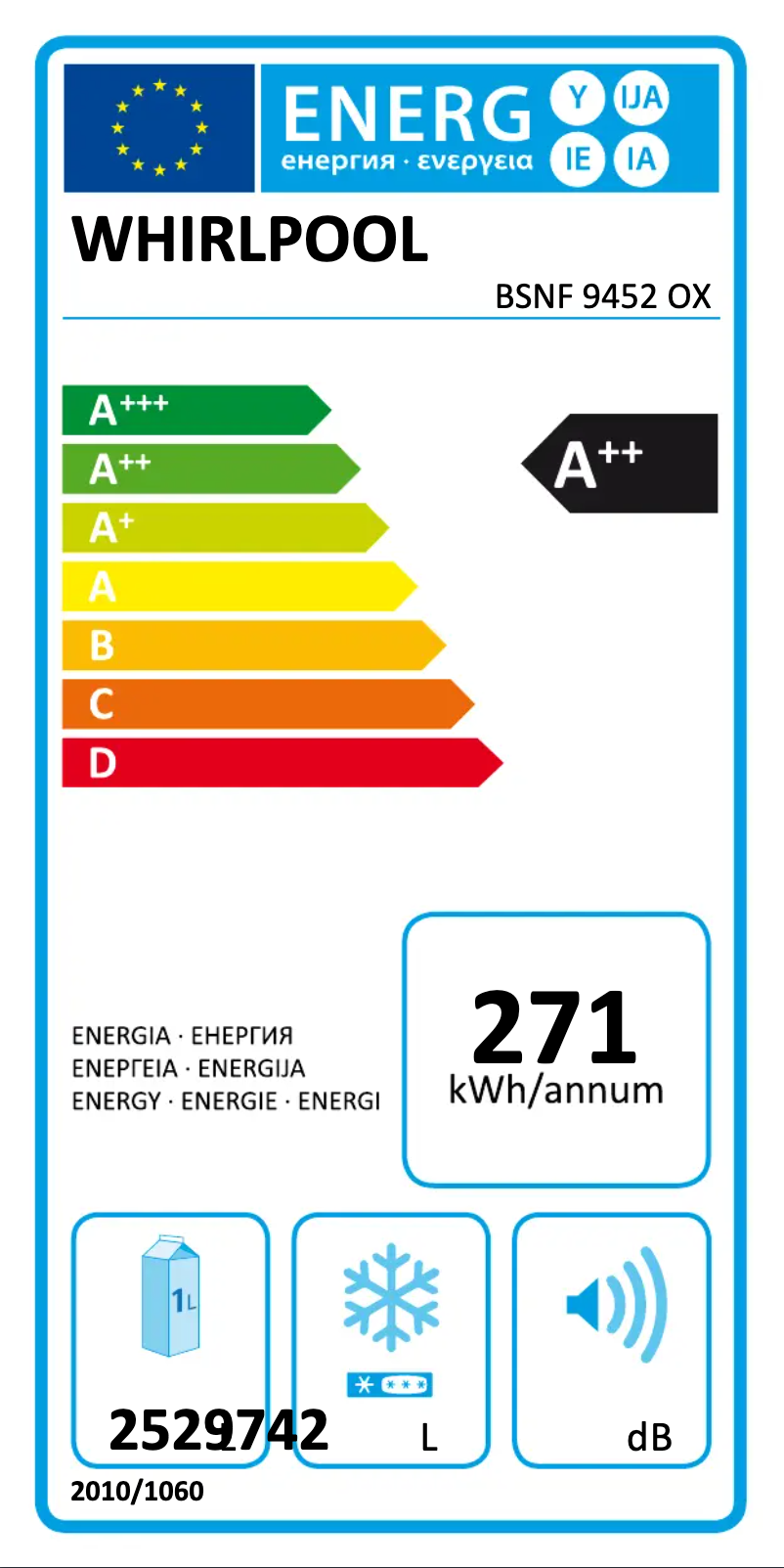 Page 1 de la notice Label énergétique Whirlpool BSNF 9452 OX