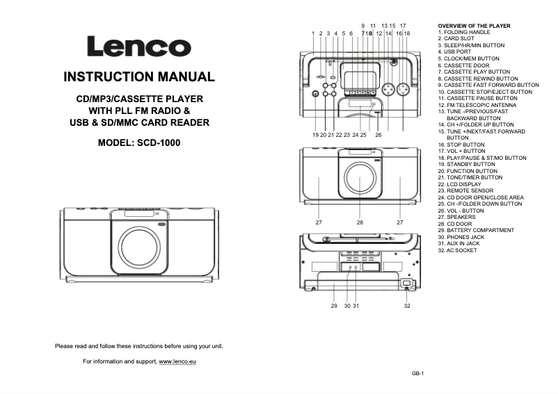 Page 1 de la notice Manuel utilisateur Lenco SCD-1000