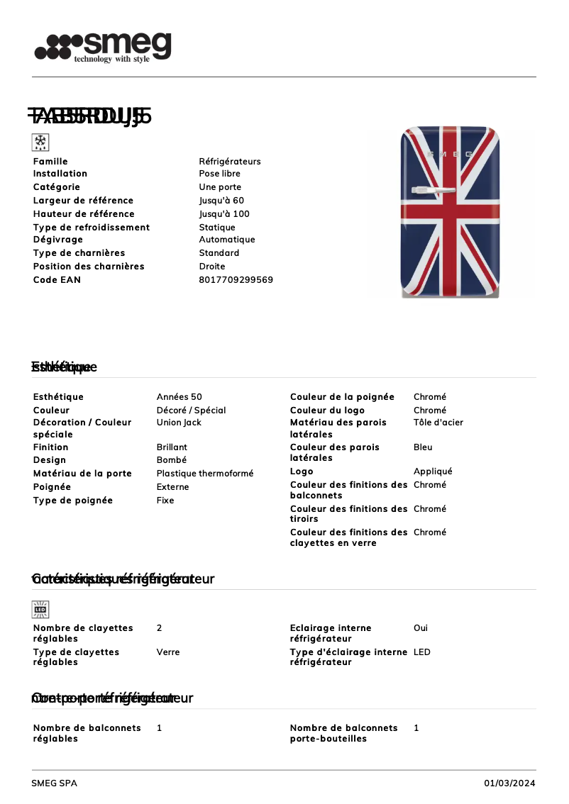 Page 1 of the manual Technical Sheet Smeg FAB5RDUJ5