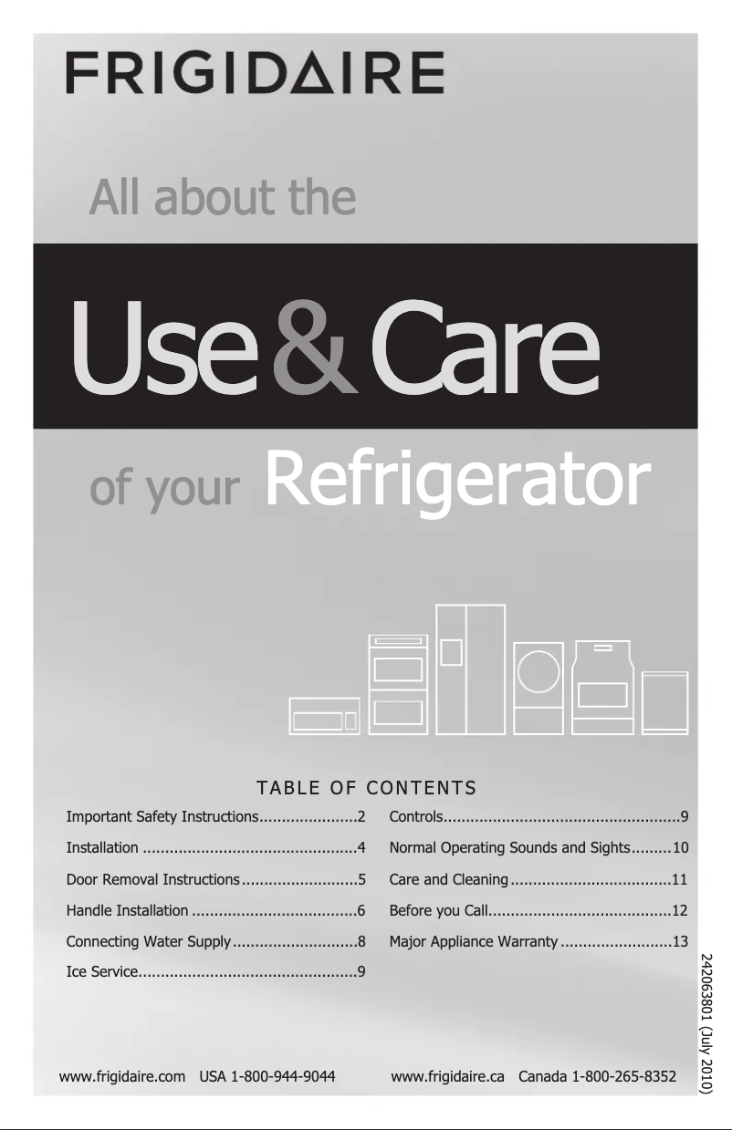 Page 1 de la notice Manuel d'utilisation et d'entretien Frigidaire FFHT2117PS