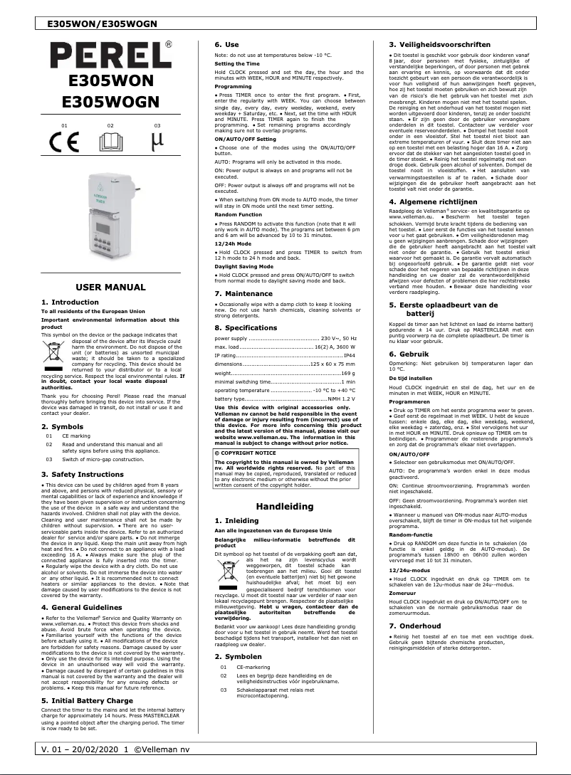 Page 1 de la notice Manuel utilisateur Perel E305WON