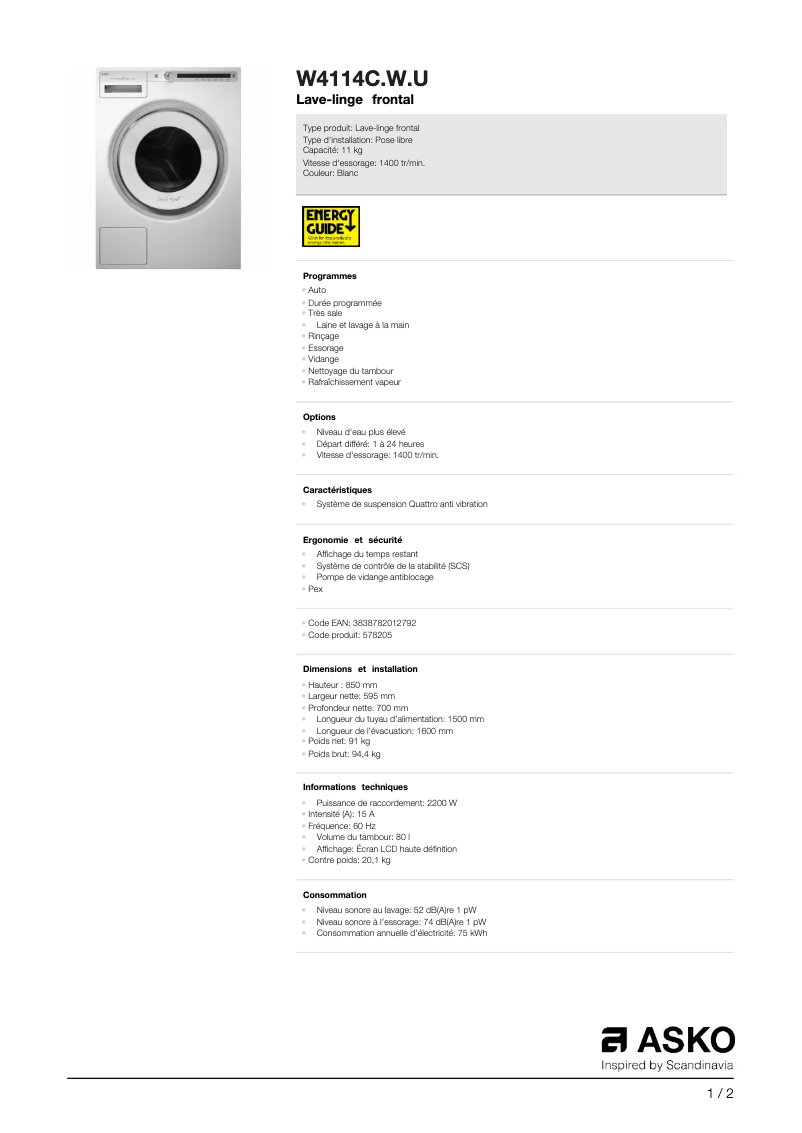 Page 1 de la notice Fiche technique Asko W4114C.W.U