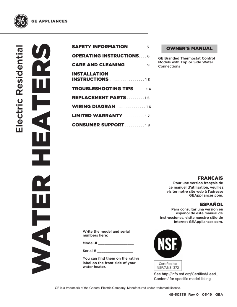 Page n°1 - Manuel utilisateur GE GE30L08BSM