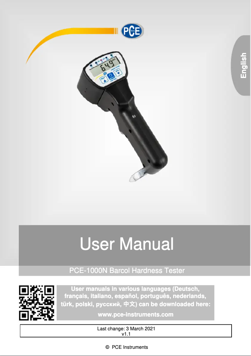 Page 1 de la notice Manuel utilisateur PCE Instruments PCE-1000N