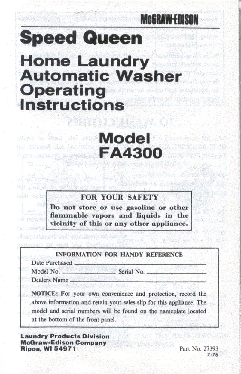 Página 1 del manual Manual de usuario Speed Queen FA4300