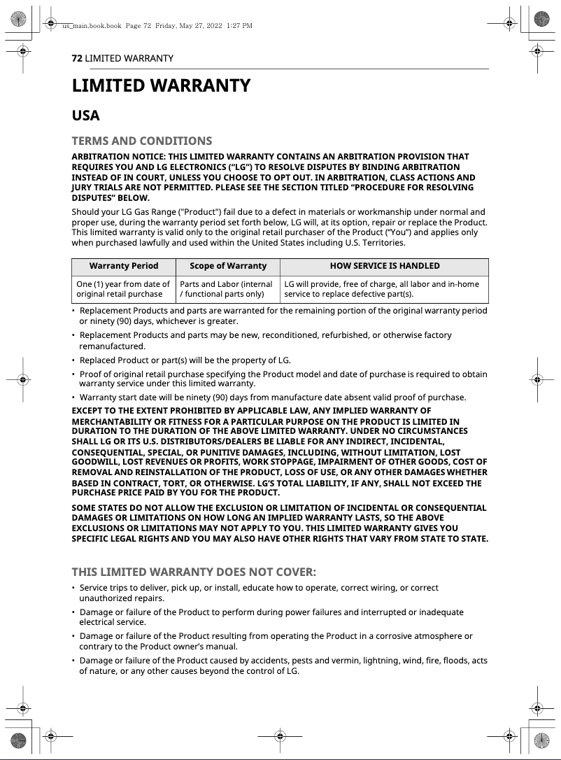 Page 1 de la notice Informations de garantie LG LTGL6937F