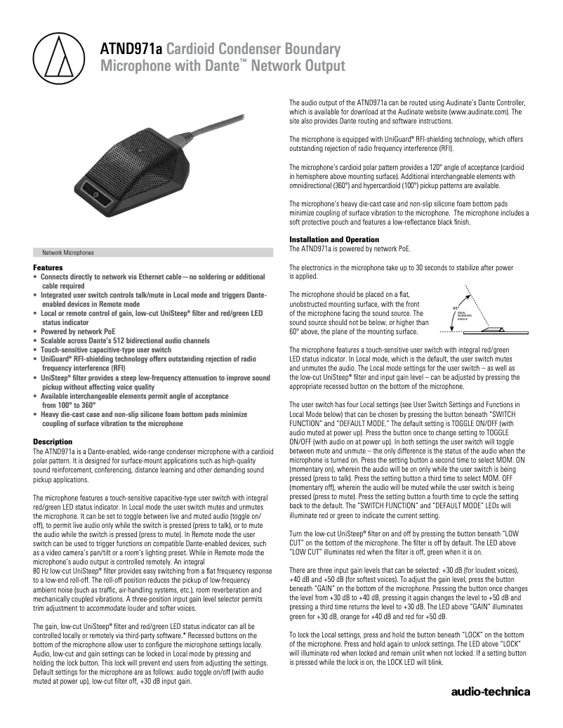 Page 1 de la notice Fiche technique Audio-Technica ATND971a