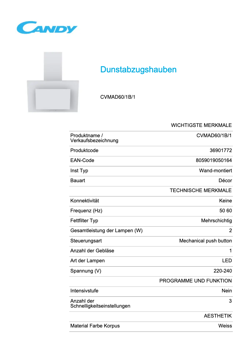 Página 1 del manual Ficha técnica Candy CVMAD60/1B
