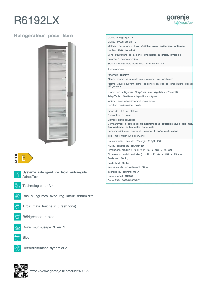 Página 1 del manual Ficha técnica Gorenje R6192LX