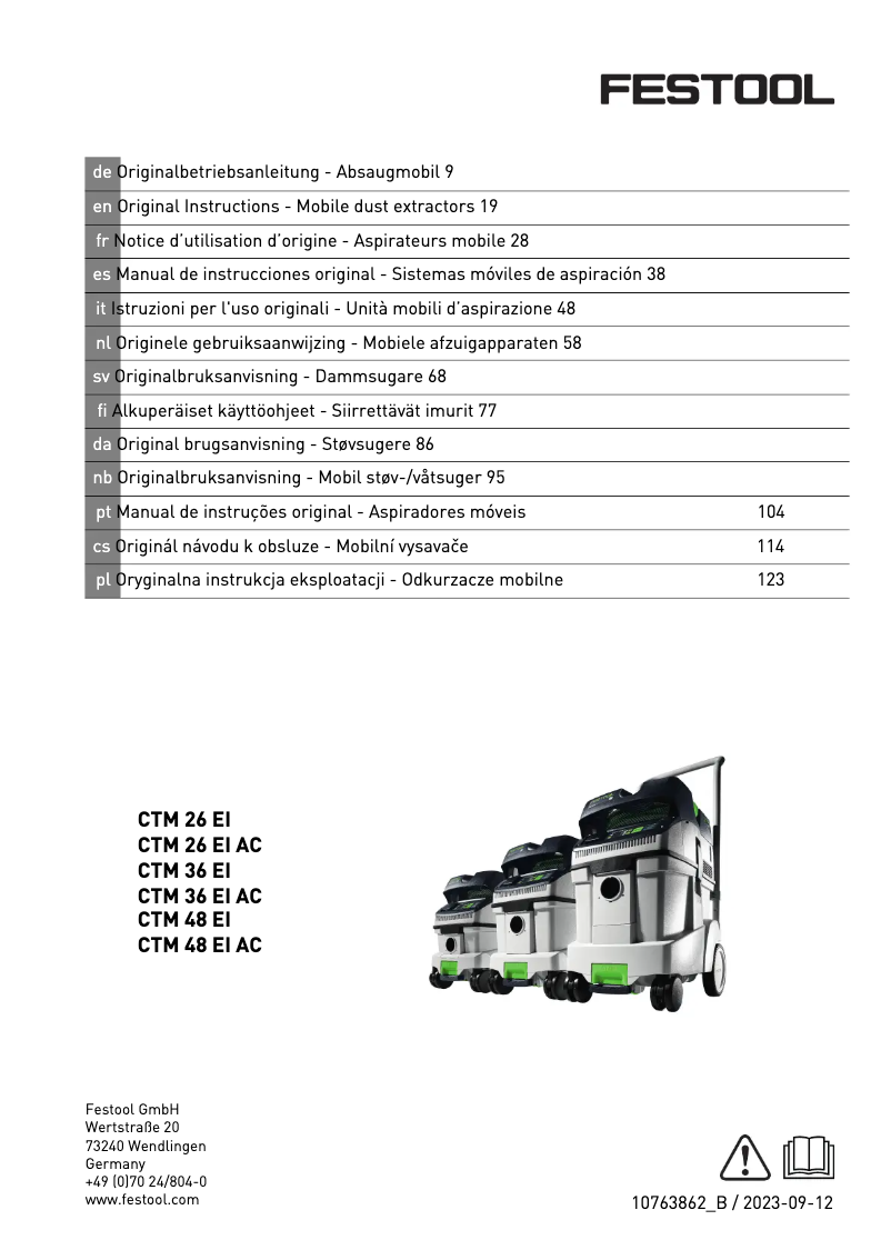 Page 1 de la notice Manuel utilisateur Festool Cleantec CTM 36 AC RENOFIX