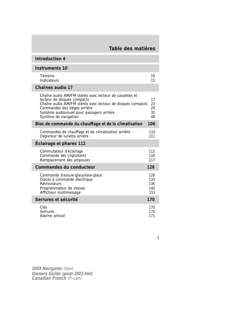 Page 1 de la notice Manuel utilisateur Lincoln Navigator (2004)