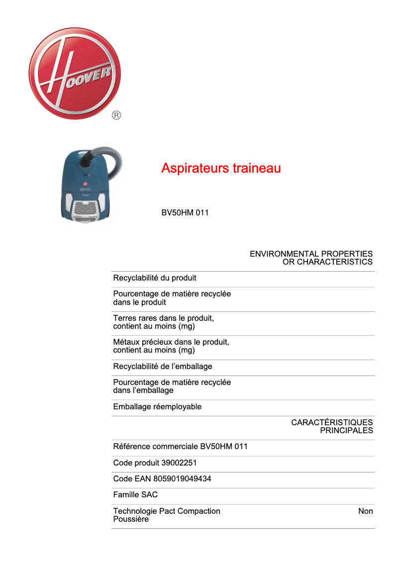 Page 1 de la notice Fiche technique Hoover BV50HM 011