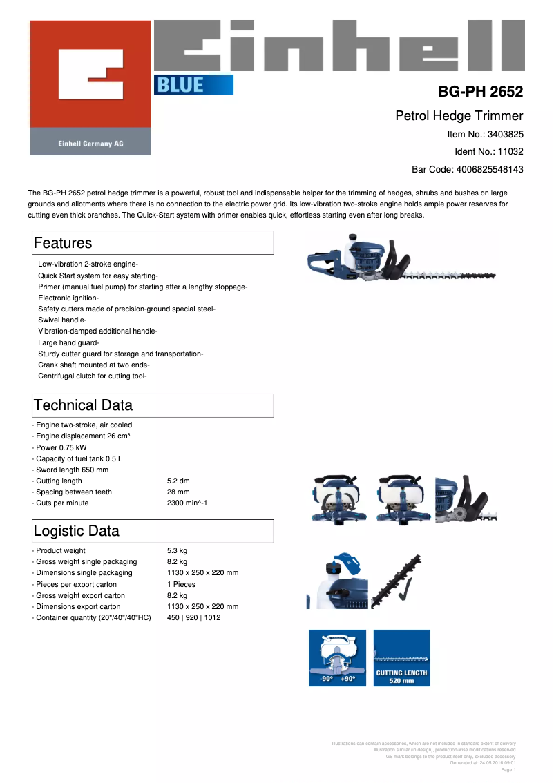 Page 1 of the manual Technical Sheet Einhell BG-PH 2652