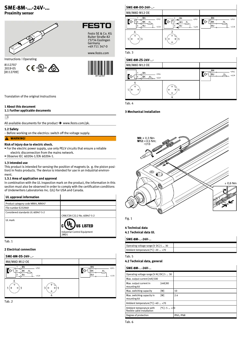 Page 1 de la notice Manuel utilisateur Festo SME-8M-DS-24V-K-2,5-OE