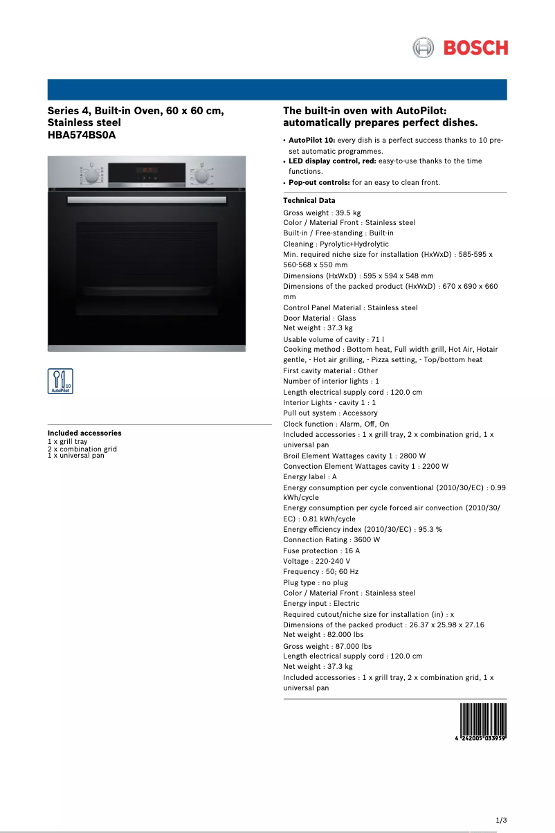 Page 1 of the manual Technical Sheet Bosch HBA574BS0A