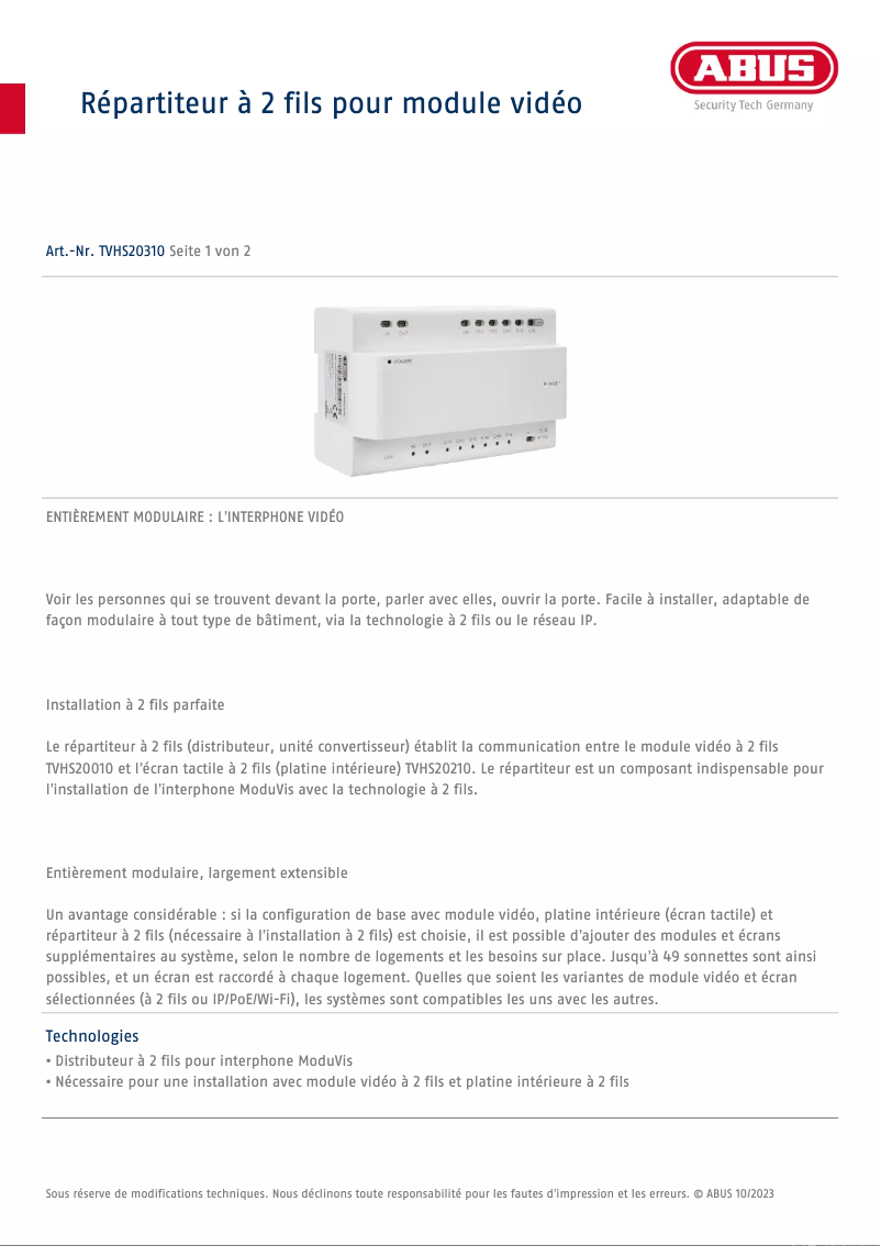 Page 1 de la notice Fiche technique Abus TVHS20310
