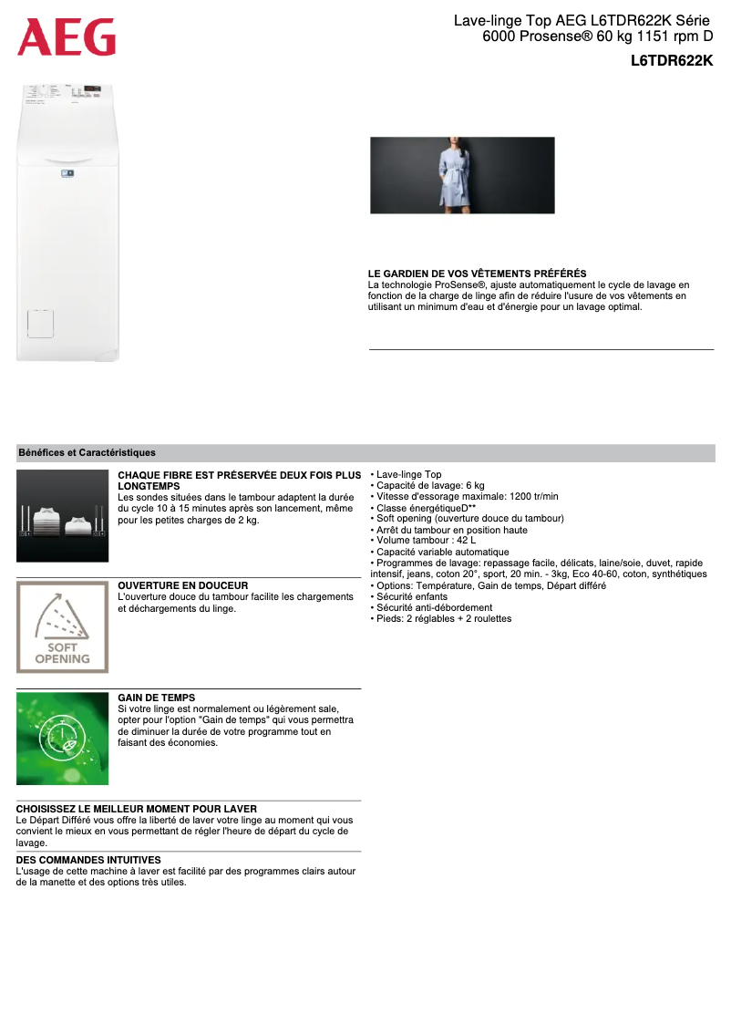 Page 1 de la notice Fiche technique AEG L6TDR622K
