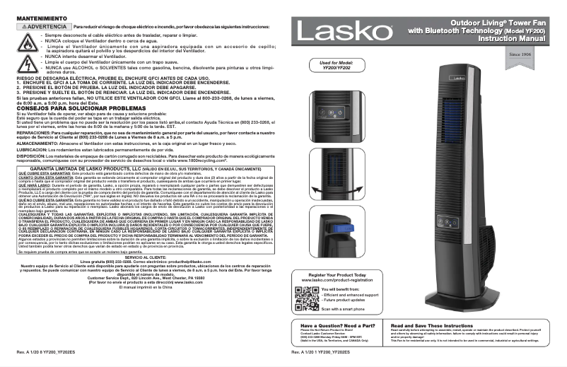 Page 1 of the manual User Manual Lasko Living Tower YF200