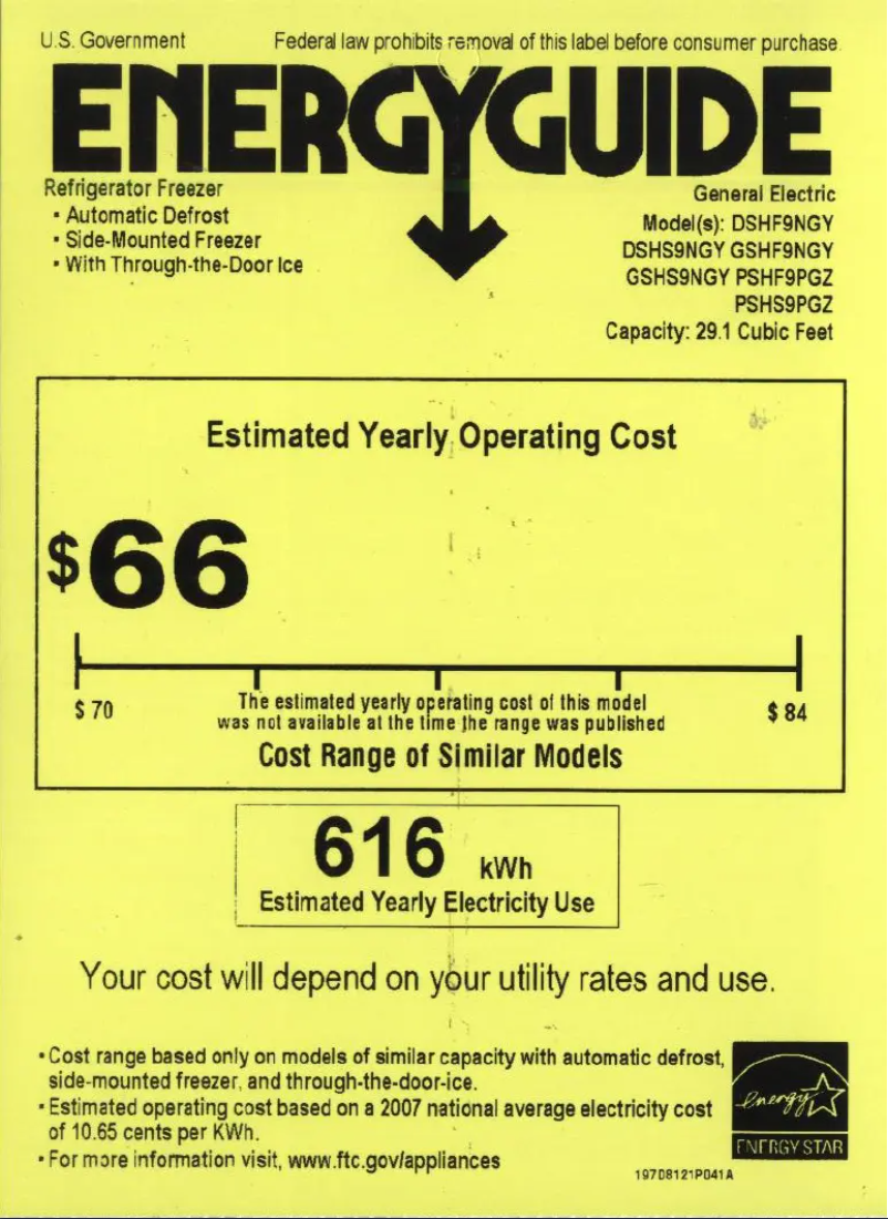 Page 1 of the manual Energy Label GE GSHF9NGYWW