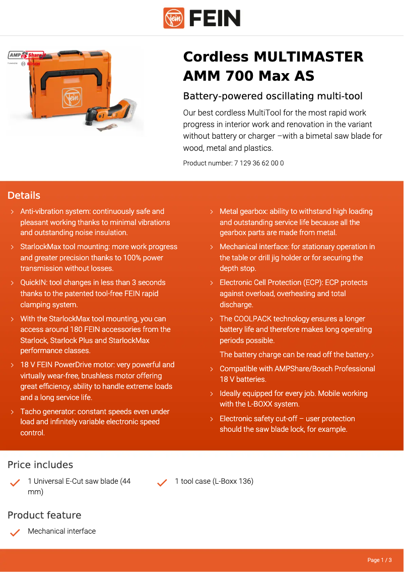 Page 1 de la notice Fiche technique Fein Multimaster MM 700 Max