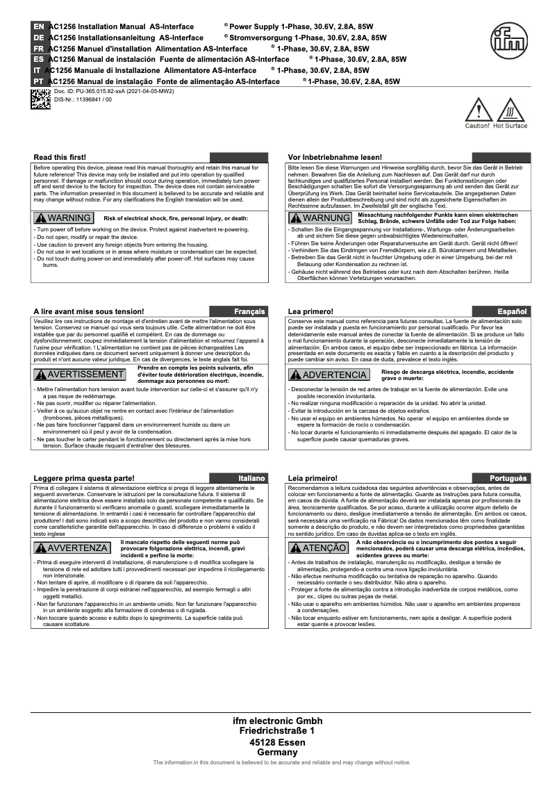 Page 1 de la notice Manuel utilisateur IFM AC1256