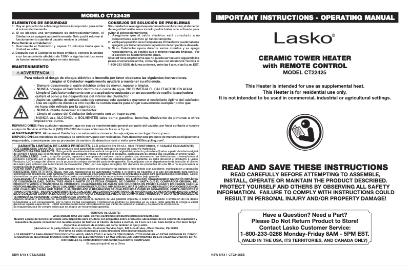 Page 1 de la notice Manuel utilisateur Lasko CT22425