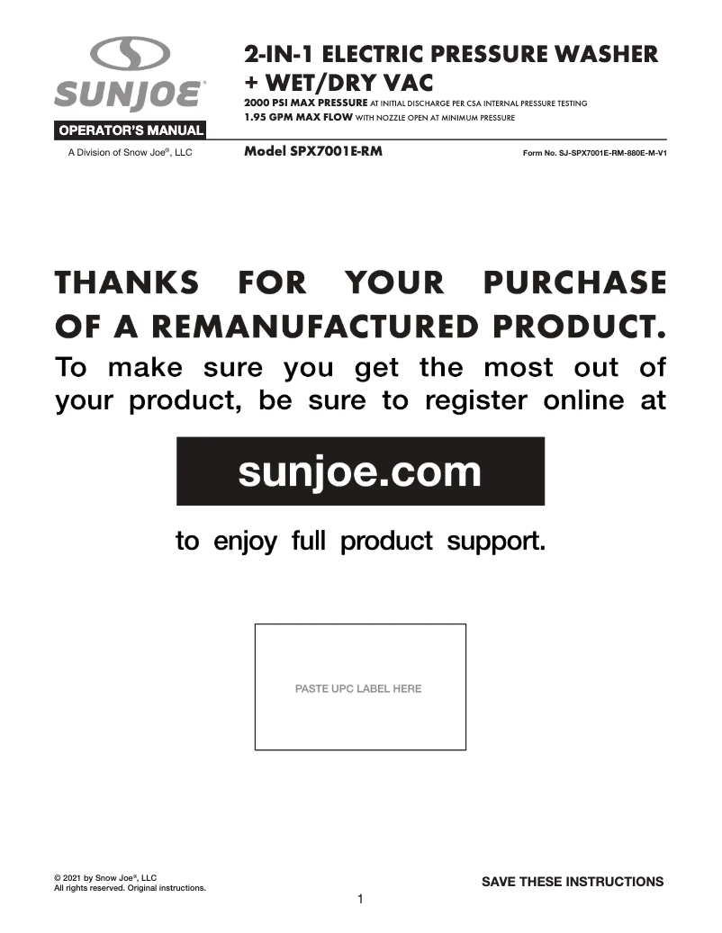 Page 1 de la notice Manuel utilisateur Sun Joe SPX7001E-RM