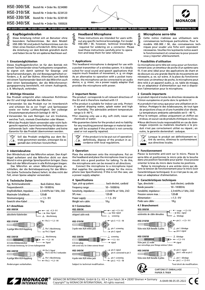Page 1 de la notice Manuel utilisateur Monacor HSE-300/SK