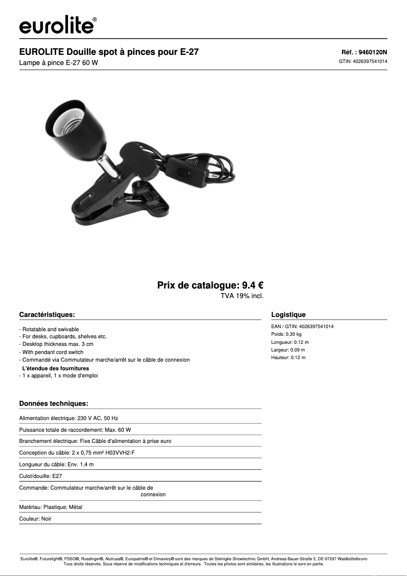 Page 1 de la notice Fiche technique Eurolite E-27