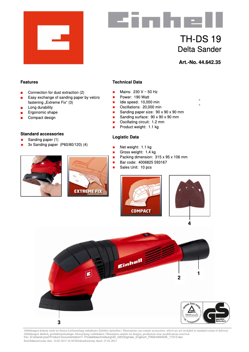 Página 1 del manual Ficha técnica Einhell TH-DS 19