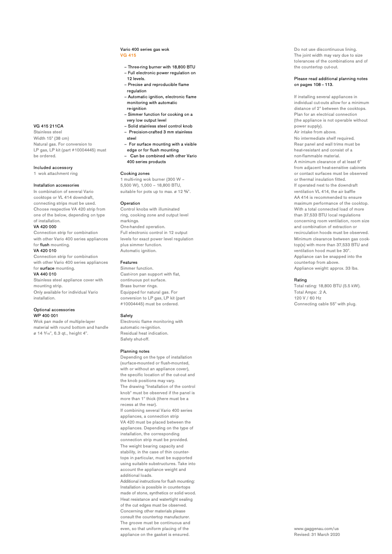 Página 1 del manual Ficha técnica Gaggenau VG415211CA