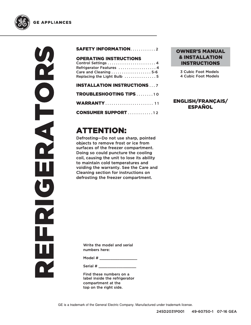 Página 1 del manual Manual de usuario GE GDE03GMKED