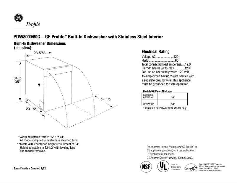 Page n°1 - Fiche technique GE Profile PDW8000GWW