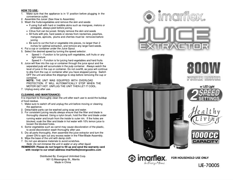 Page 1 de la notice Manuel utilisateur Imarflex IJE-7000S