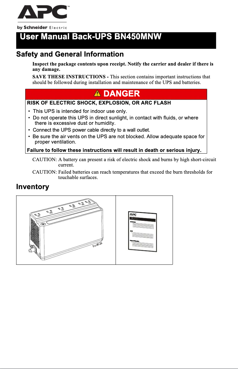 Page 1 de la notice Manuel utilisateur APC Back-UPS BN450MNW