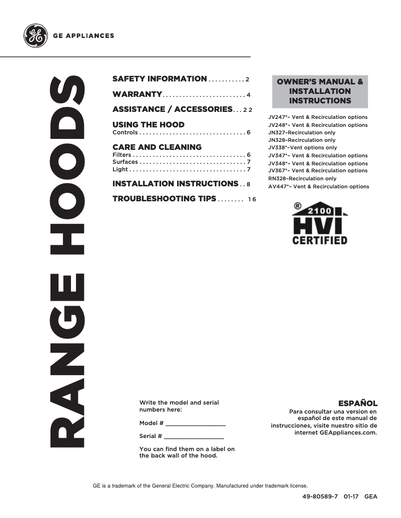 Page 1 of the manual Use and Maintenance Manual GE JV348LSS