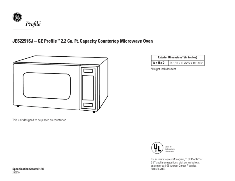 Página 1 del manual Ficha técnica GE Profile JES2251SJ