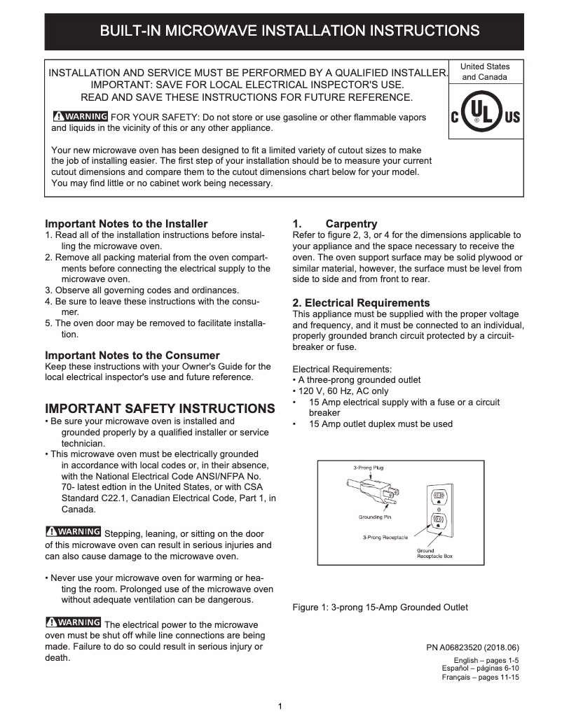 Page 1 de la notice Guide d'installation Frigidaire FGMO3067UD