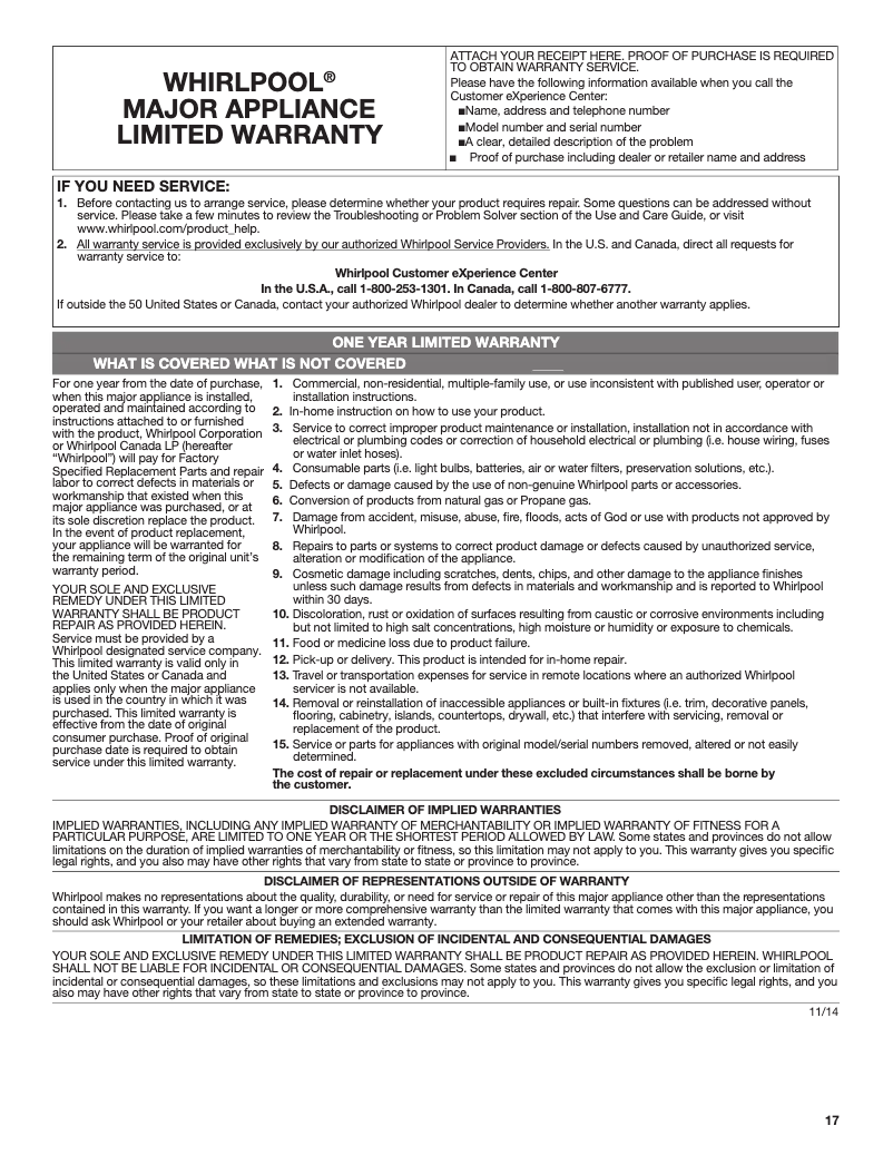 Page 1 of the manual Warranty Information Whirlpool WOS72EC0HS