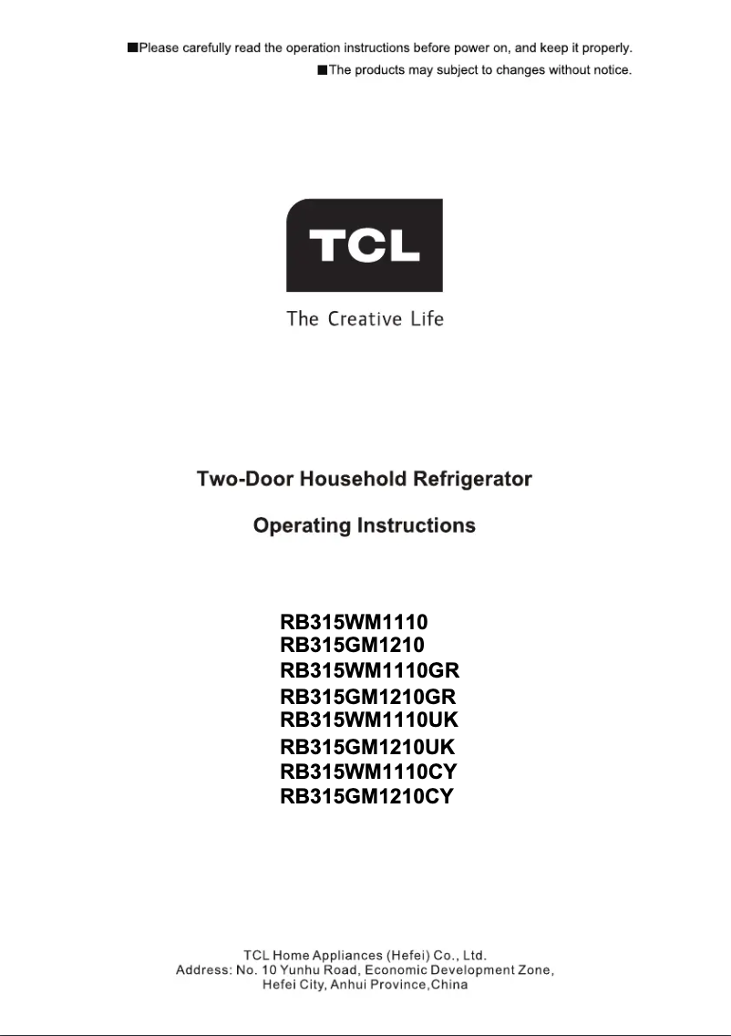 Page 1 of the manual Technical Sheet TCL RB315GM1210