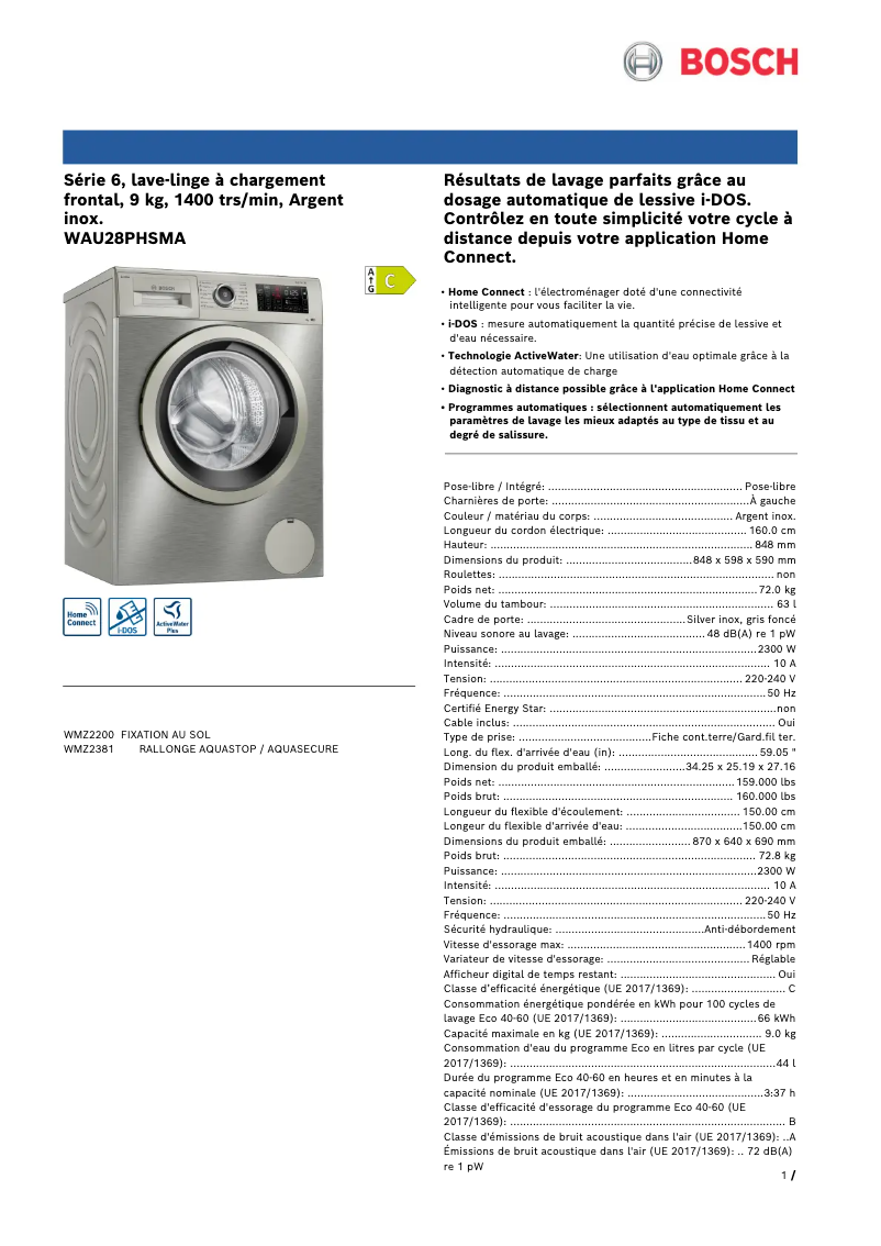 Page 1 de la notice Fiche technique Bosch WAU28PHSMA