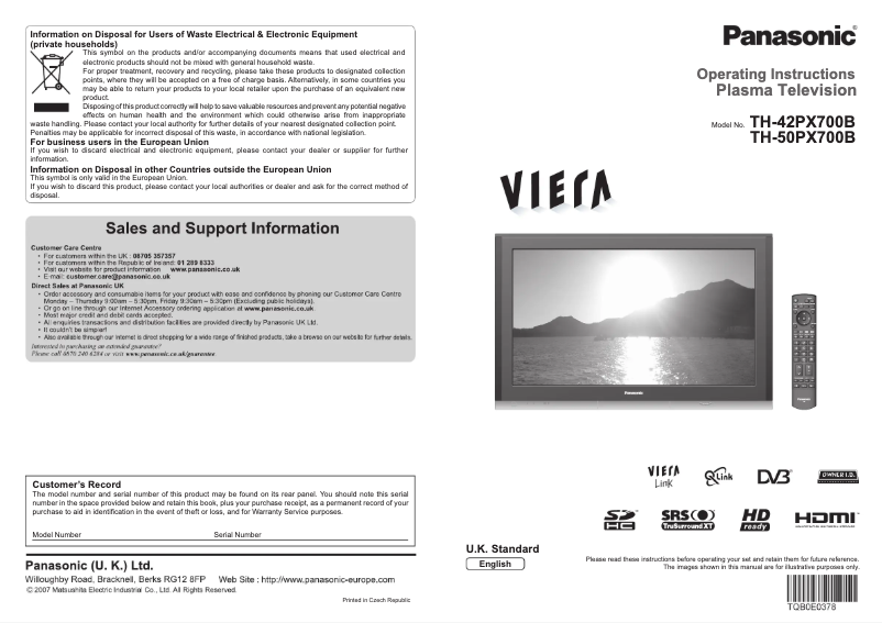 Page 1 de la notice Manuel utilisateur Panasonic TH-50PX700B