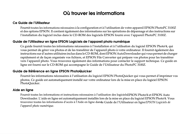 Page 1 de la notice Manuel utilisateur Epson PhotoPC 3100Z