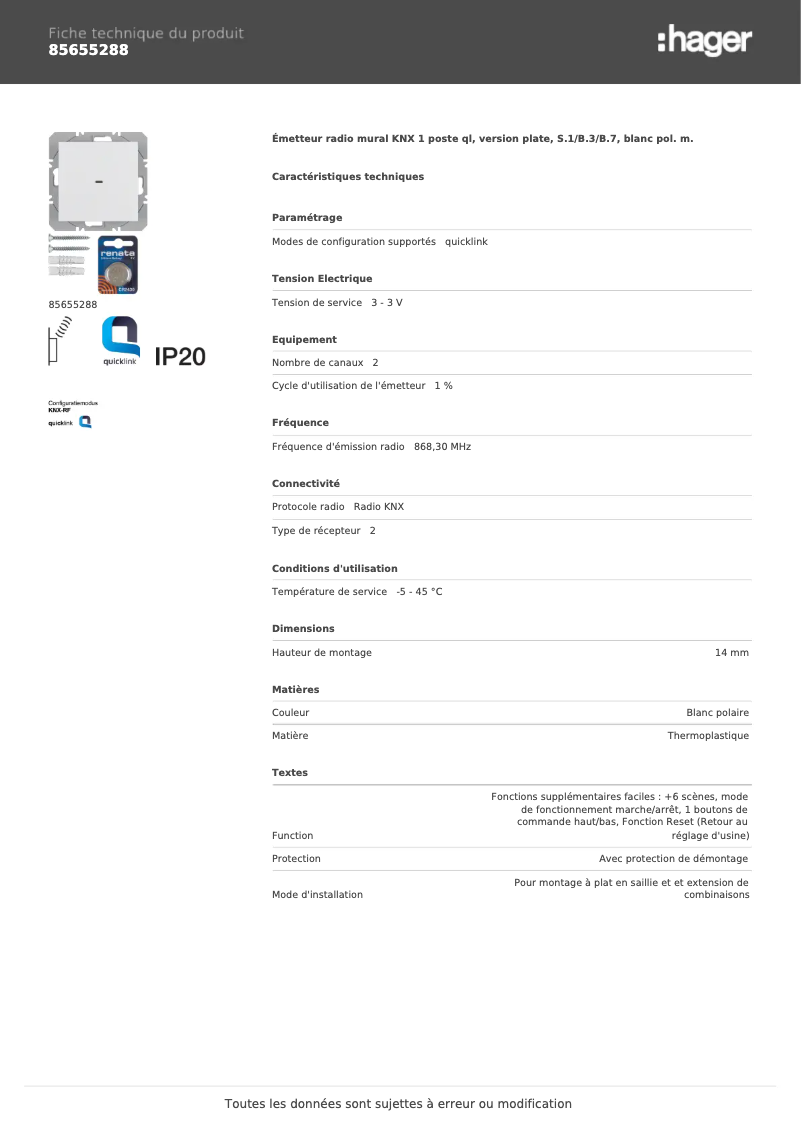 Page 1 de la notice Fiche technique Hager 85655288