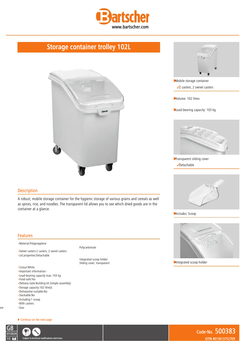 Page 1 de la notice Manuel utilisateur Bartscher 500383