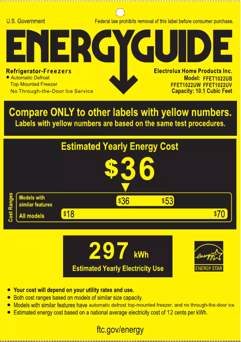 Page 1 de la notice Label énergétique Frigidaire FFET1022UB
